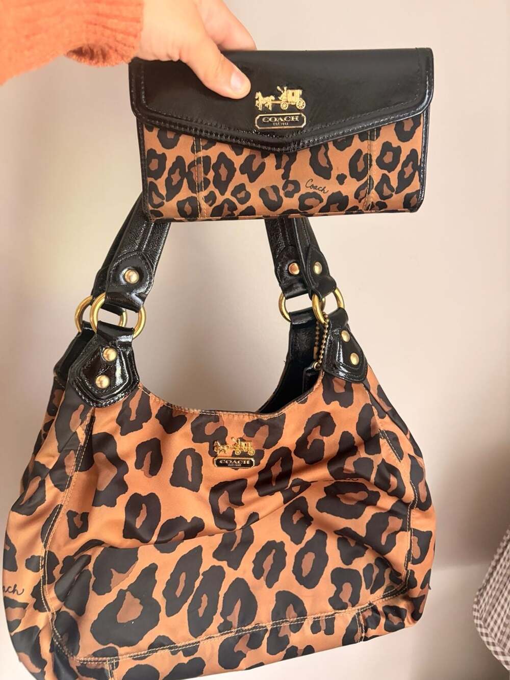 Coach Madison Ocelot Print Nylon Maggie Shoulder Bag and Wallet Set